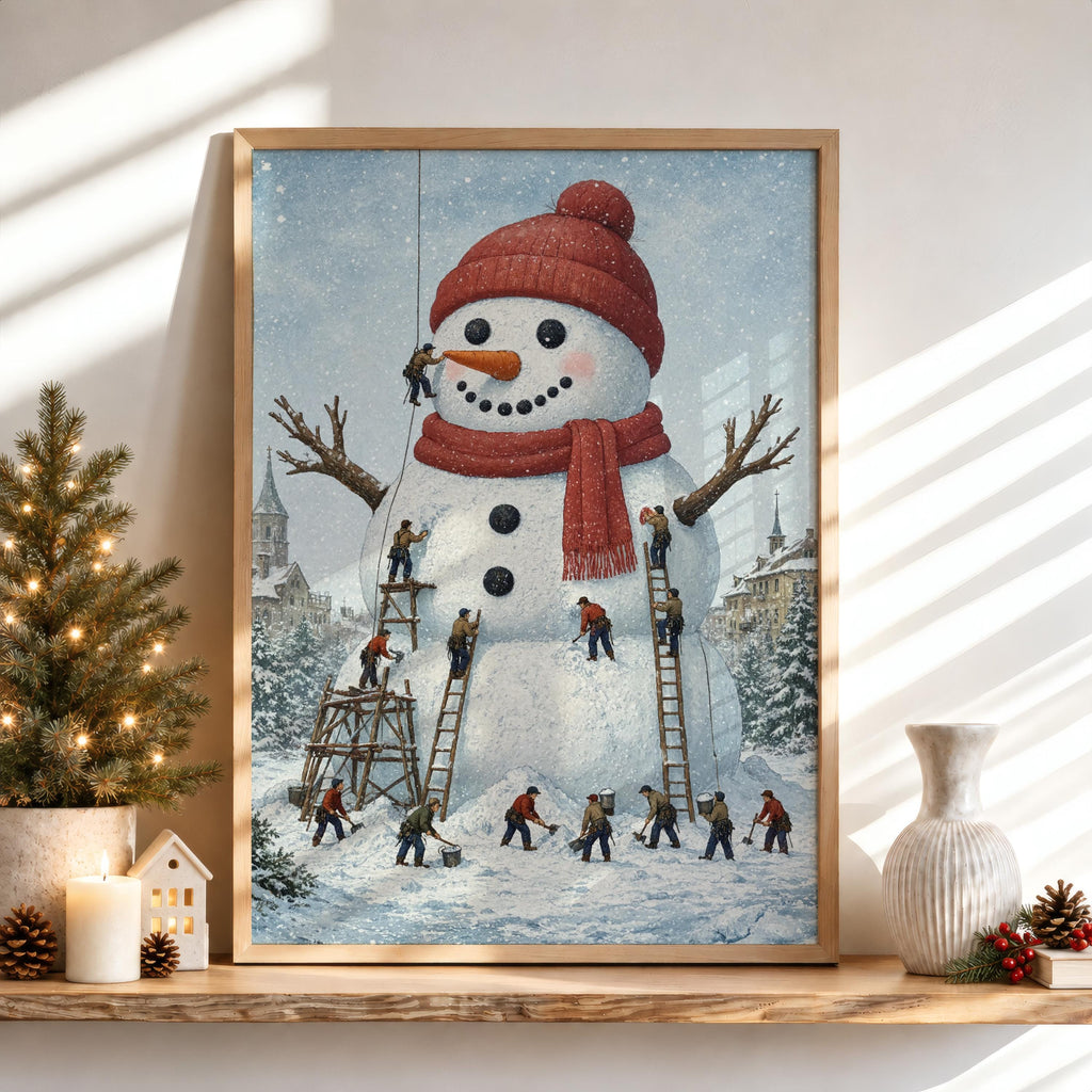 Miniature People Building Giant Snowman Christmas Wall Art, Storybook Xmas Decor, Tiny Workers Holiday Wall Art, Baker Foodie Kitchen Gift