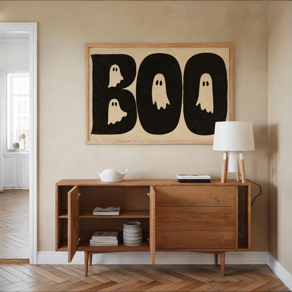 BOO Ghost Typography Print, Retro Halloween Wall Art, Vintage Creepy Cute Poster, Spooky Typography Decor, Witchy Occult Gift