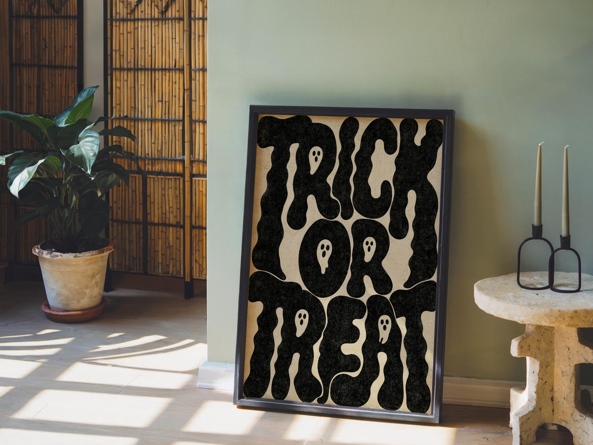 Retro Trick Or Treat Quote Poster, Vintage Halloween Wall Art, Spooky Quote Print, Witchy Ghost Decor, Fall Spooky Season Gift