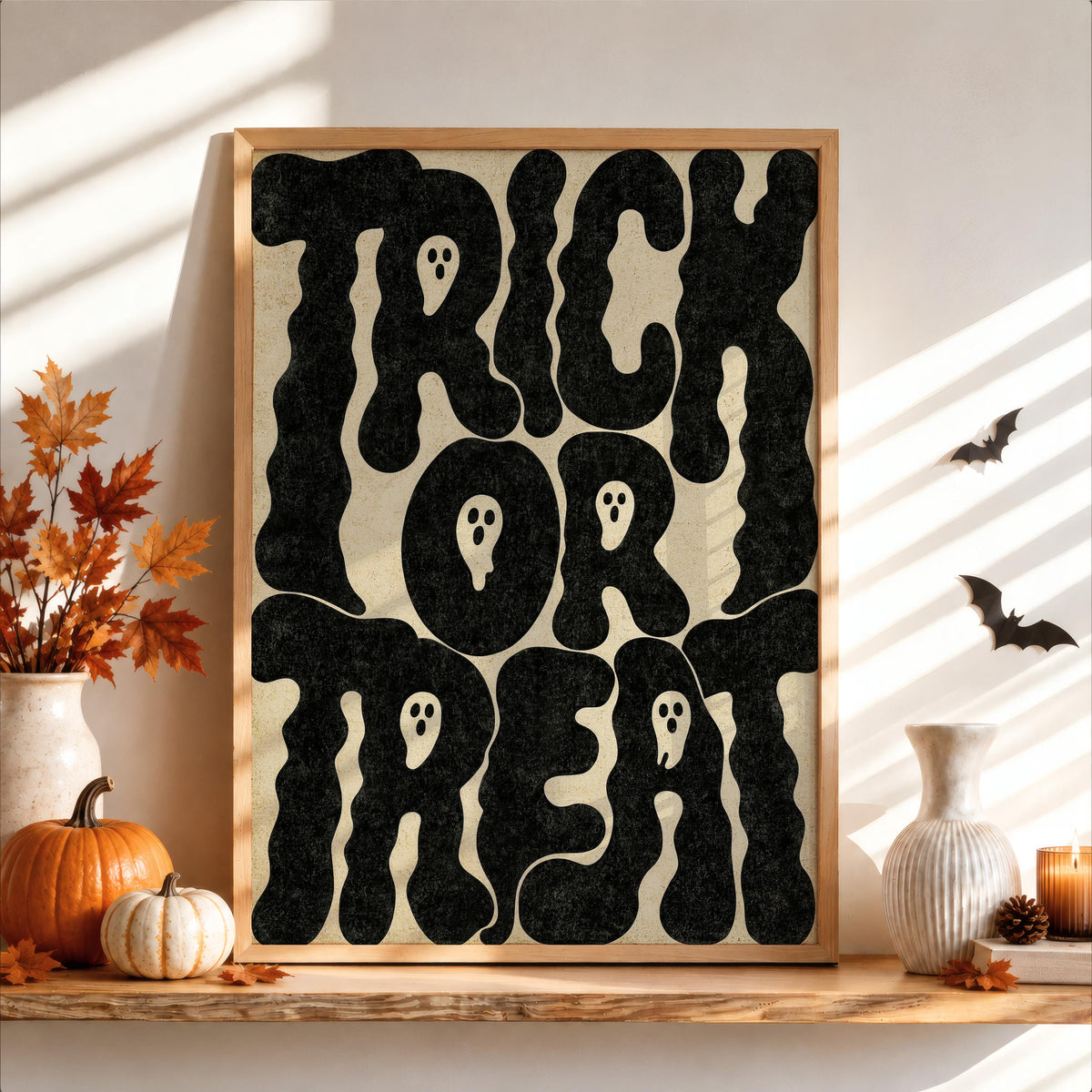 Retro Trick Or Treat Quote Poster, Vintage Halloween Wall Art, Spooky Quote Print, Witchy Ghost Decor, Fall Spooky Season Gift