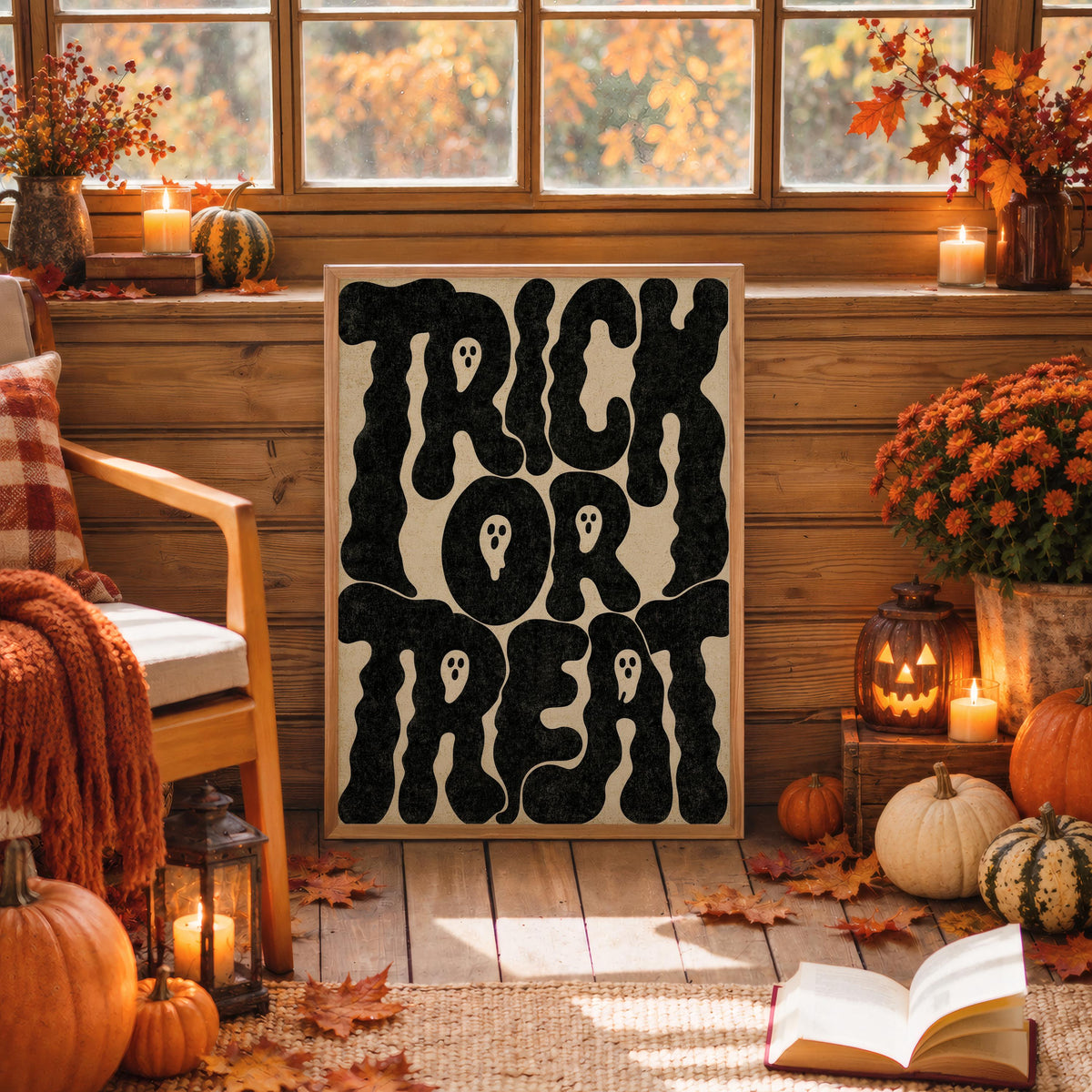 Retro Trick Or Treat Quote Poster, Vintage Halloween Wall Art, Spooky Quote Print, Witchy Ghost Decor, Fall Spooky Season Gift