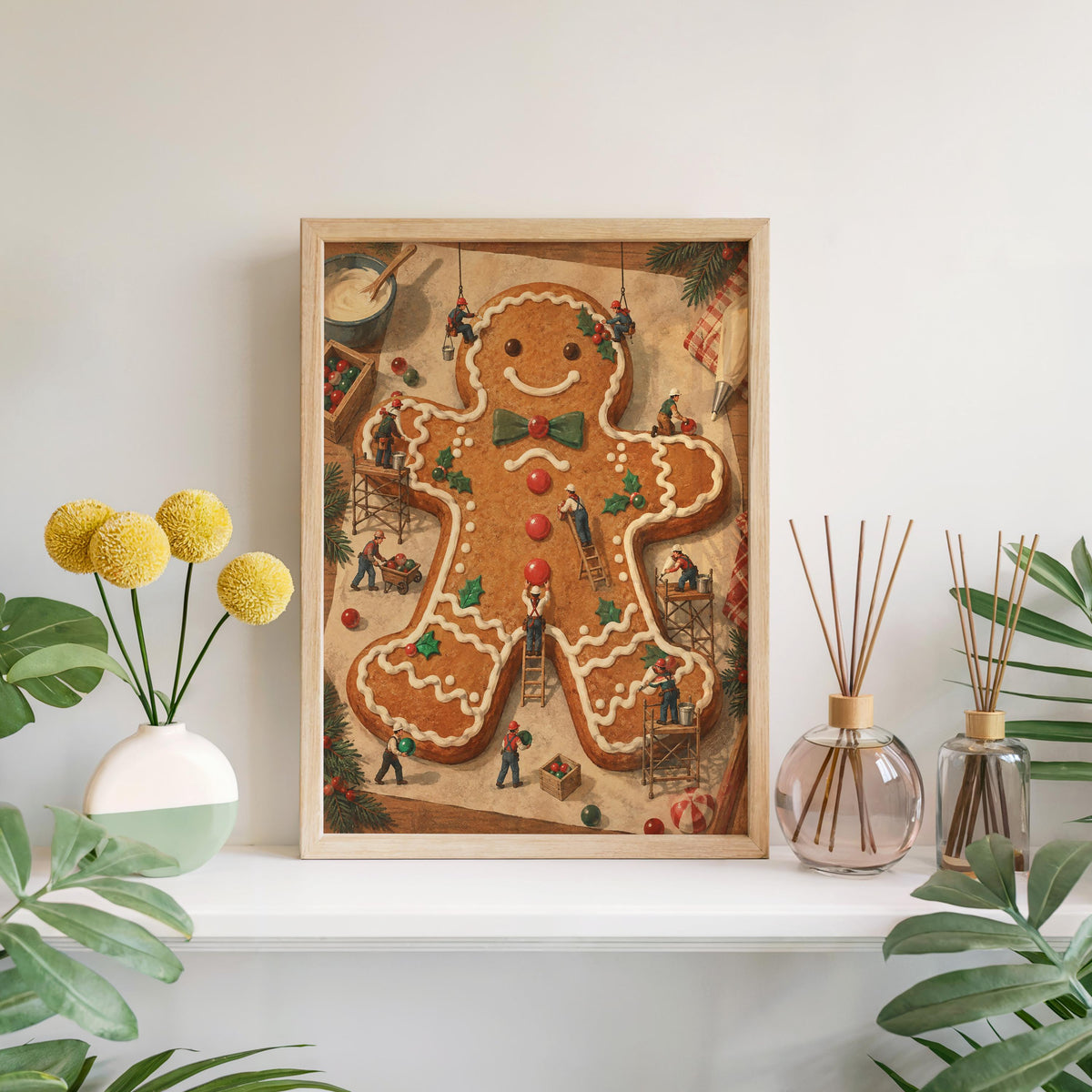 Tiny People Decorating Gingerbread Man Wall Art, Baker Foodie Gift, Whimsical Christmas Kitchen Poster, Xmas Holiday Decor