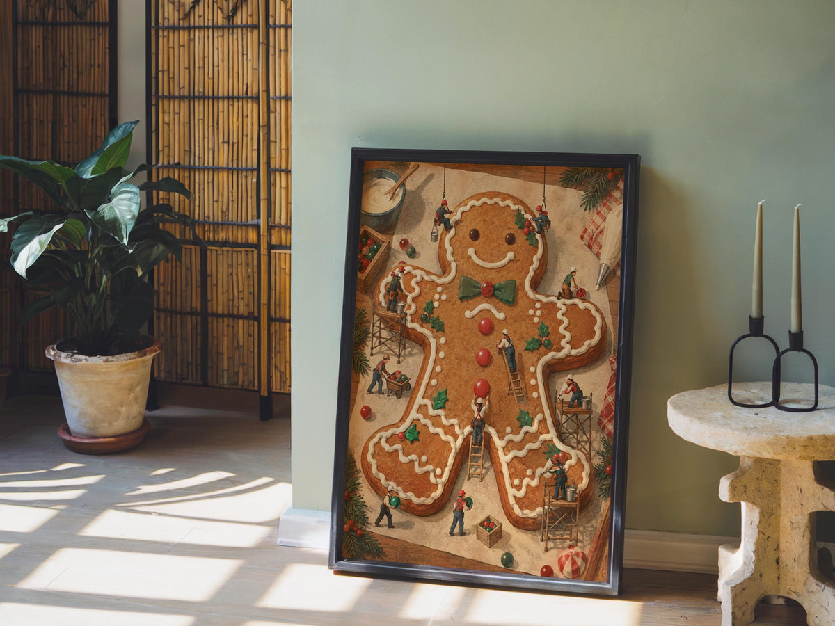 Tiny People Decorating Gingerbread Man Wall Art, Baker Foodie Gift, Whimsical Christmas Kitchen Poster, Xmas Holiday Decor