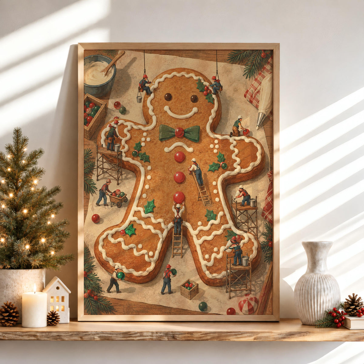 Tiny People Decorating Gingerbread Man Wall Art, Baker Foodie Gift, Whimsical Christmas Kitchen Poster, Xmas Holiday Decor
