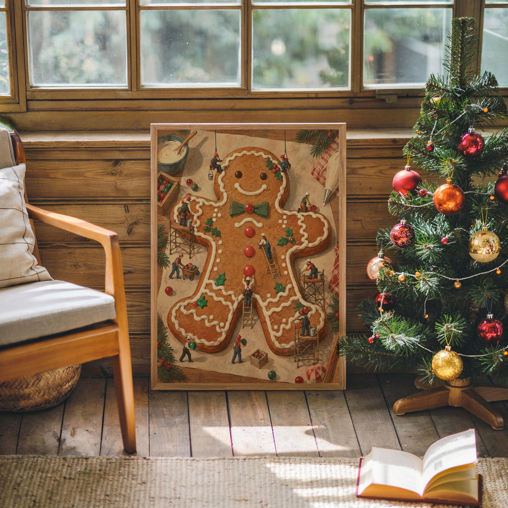 Tiny People Decorating Gingerbread Man Wall Art, Baker Foodie Gift, Whimsical Christmas Kitchen Poster, Xmas Holiday Decor