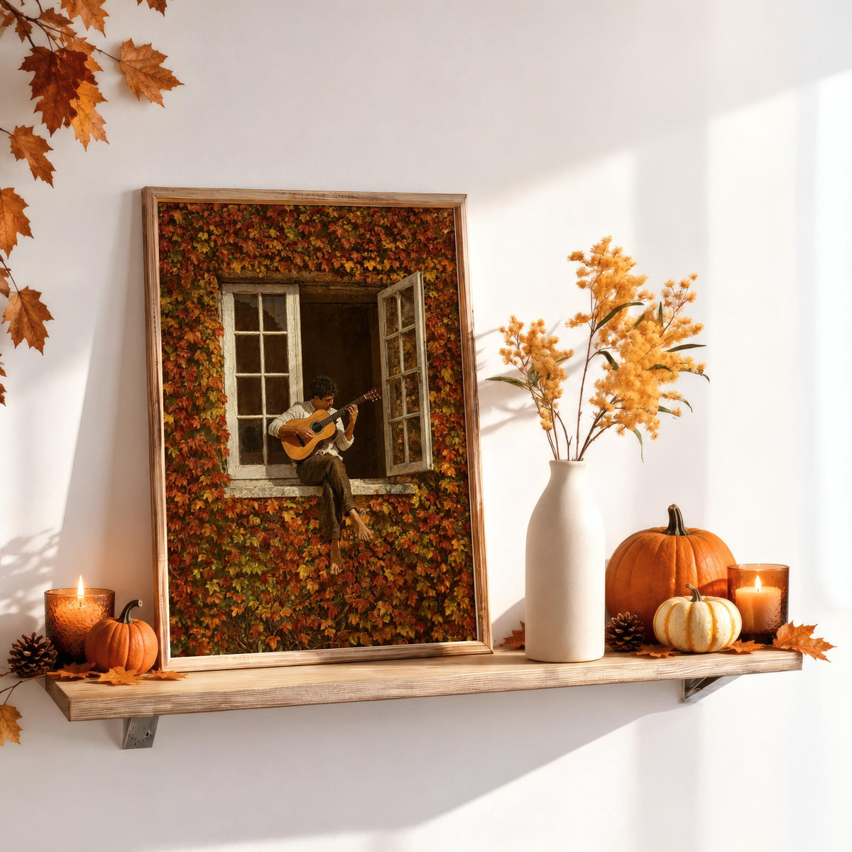 Sunlit fall music wall art framed on mantel, slender vase and pumpkins beside the rustic guitar art at window.