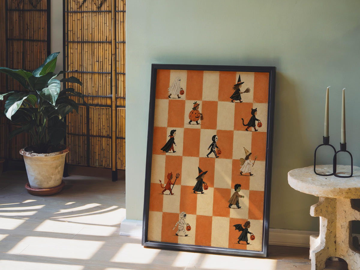 Halloween Trick or Treat Parade Print, Kids Halloween Parade Wall Decor, Vintage Checkerboard Poster, Whimsical Costume Party Art