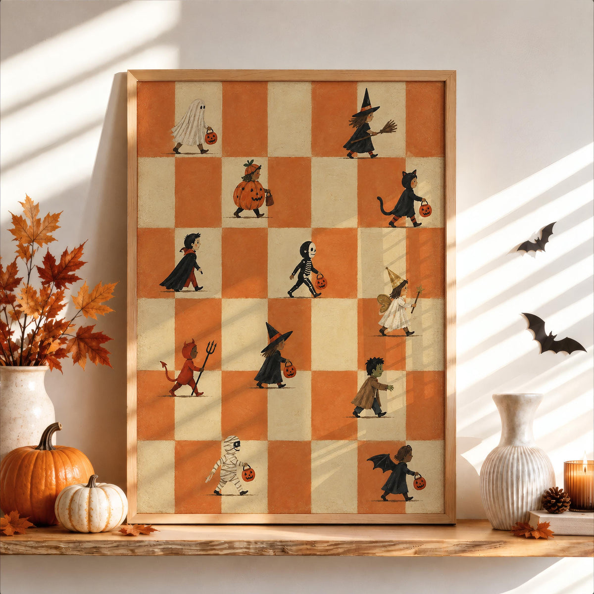 Halloween Trick or Treat Parade Print, Kids Halloween Parade Wall Decor, Vintage Checkerboard Poster, Whimsical Costume Party Art