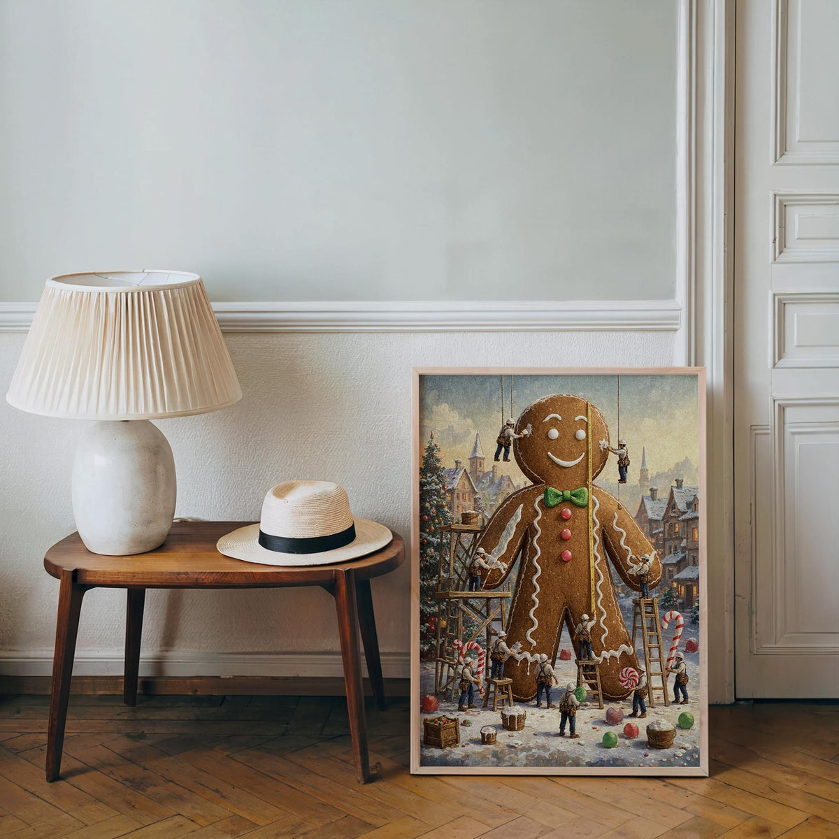 Tiny Workers Decorating Gingerbread Man Wall Art, Christmas Kitchen Decor, Festive Whimsical Foodie Print, Holiday Baking Illustration
