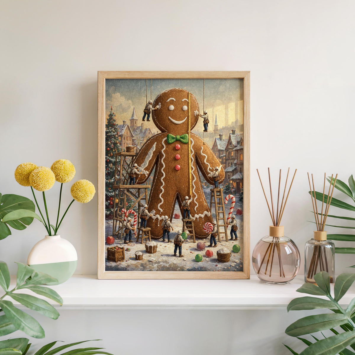 Tiny Workers Decorating Gingerbread Man Wall Art, Christmas Kitchen Decor, Festive Whimsical Foodie Print, Holiday Baking Illustration