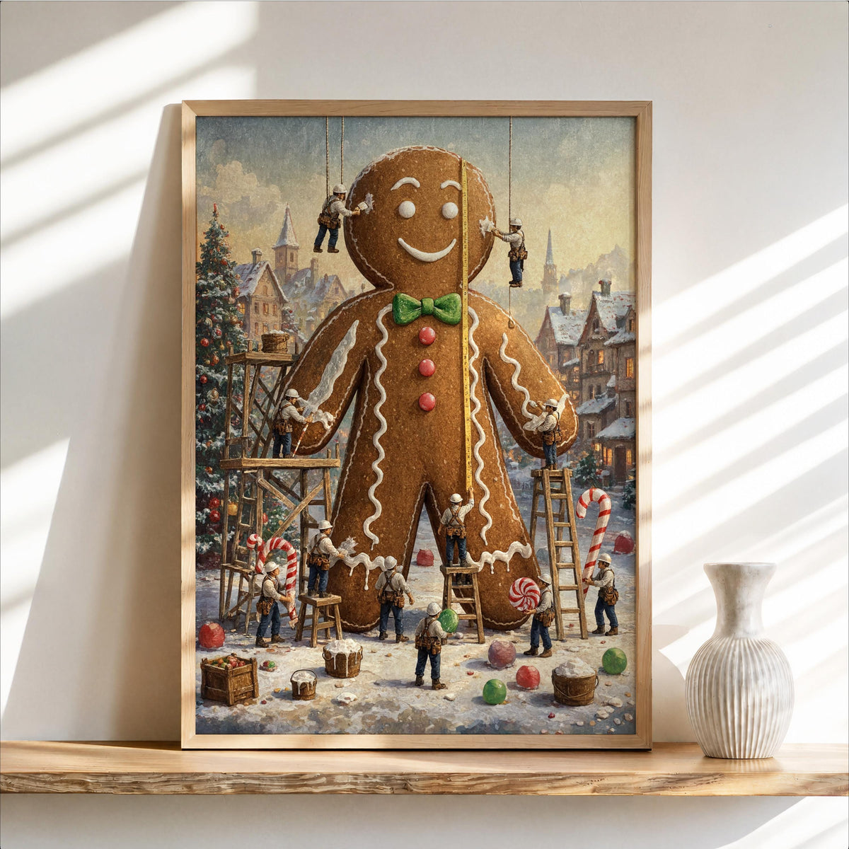 Tiny Workers Decorating Gingerbread Man Wall Art, Christmas Kitchen Decor, Festive Whimsical Foodie Print, Holiday Baking Illustration