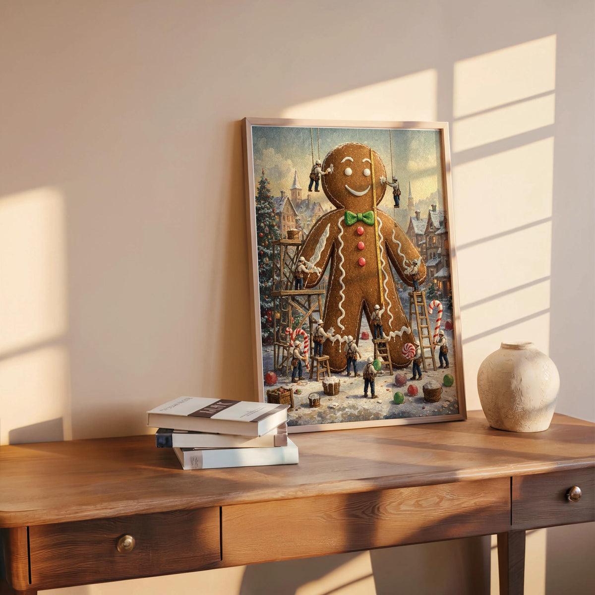 Tiny Workers Decorating Gingerbread Man Wall Art, Christmas Kitchen Decor, Festive Whimsical Foodie Print, Holiday Baking Illustration