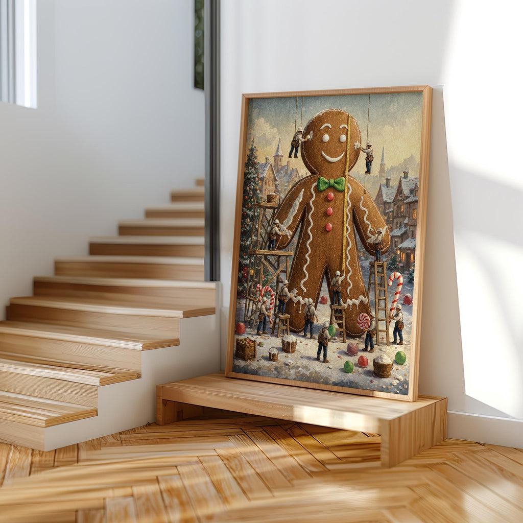 Tiny Workers Decorating Gingerbread Man Wall Art, Christmas Kitchen Decor, Festive Whimsical Foodie Print, Holiday Baking Illustration