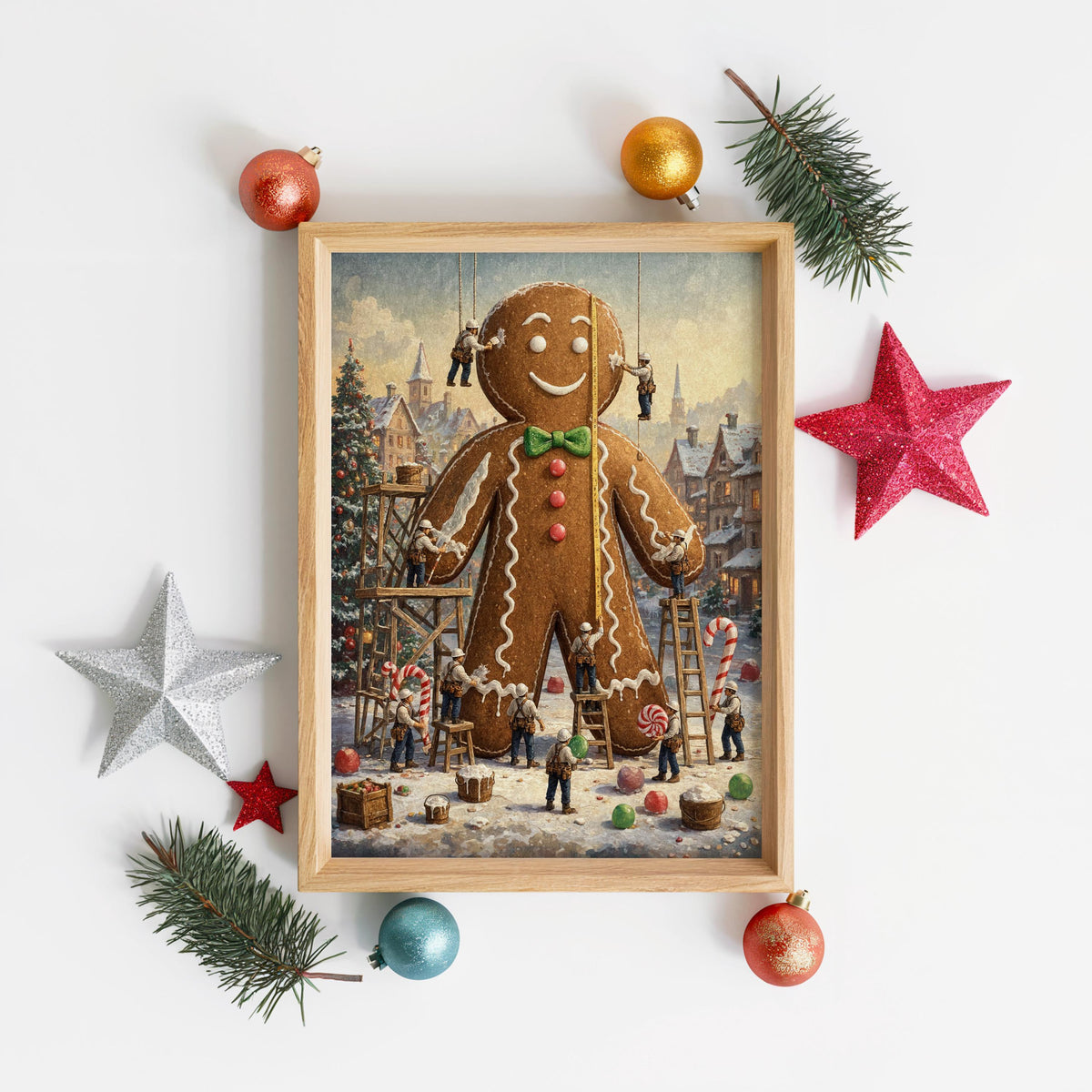 Tiny Workers Decorating Gingerbread Man Wall Art, Christmas Kitchen Decor, Festive Whimsical Foodie Print, Holiday Baking Illustration