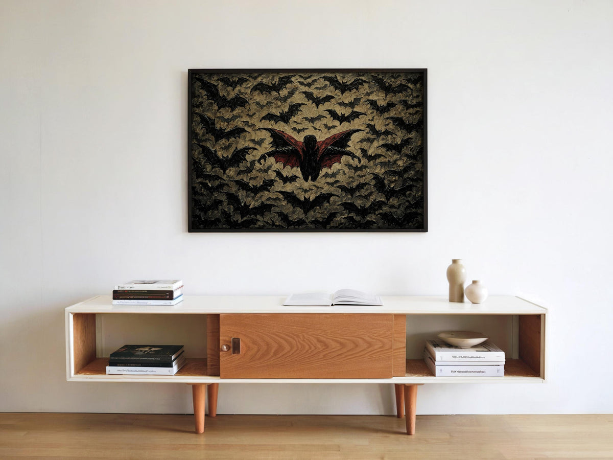 Gothic Vampire Halloween Print, Halloween Bat Poster, Impasto Textured Wall Decor, Dark Fantasy Dracula Art, Spooky Season Decoration