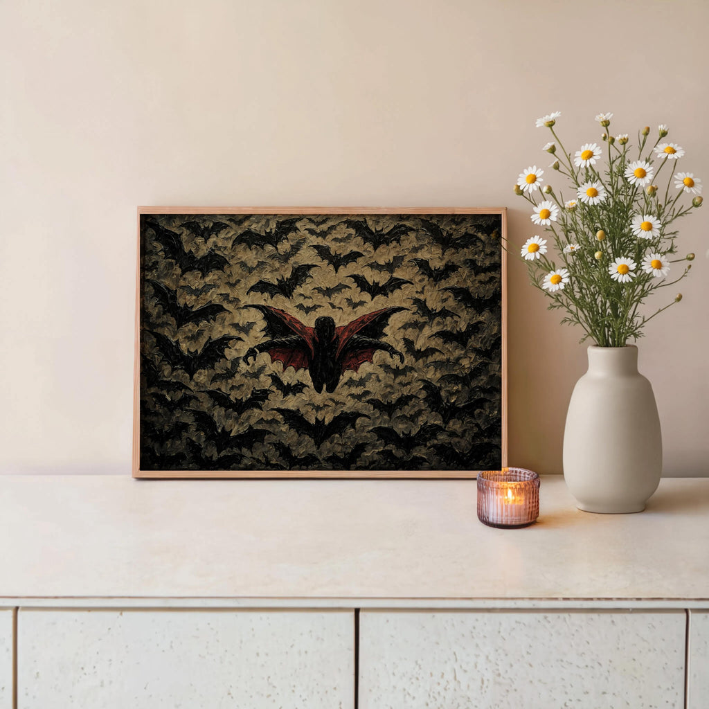 Gothic Vampire Halloween Print, Halloween Bat Poster, Impasto Textured Wall Decor, Dark Fantasy Dracula Art, Spooky Season Decoration