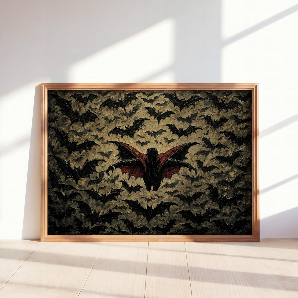 Gothic Vampire Halloween Print, Halloween Bat Poster, Impasto Textured Wall Decor, Dark Fantasy Dracula Art, Spooky Season Decoration
