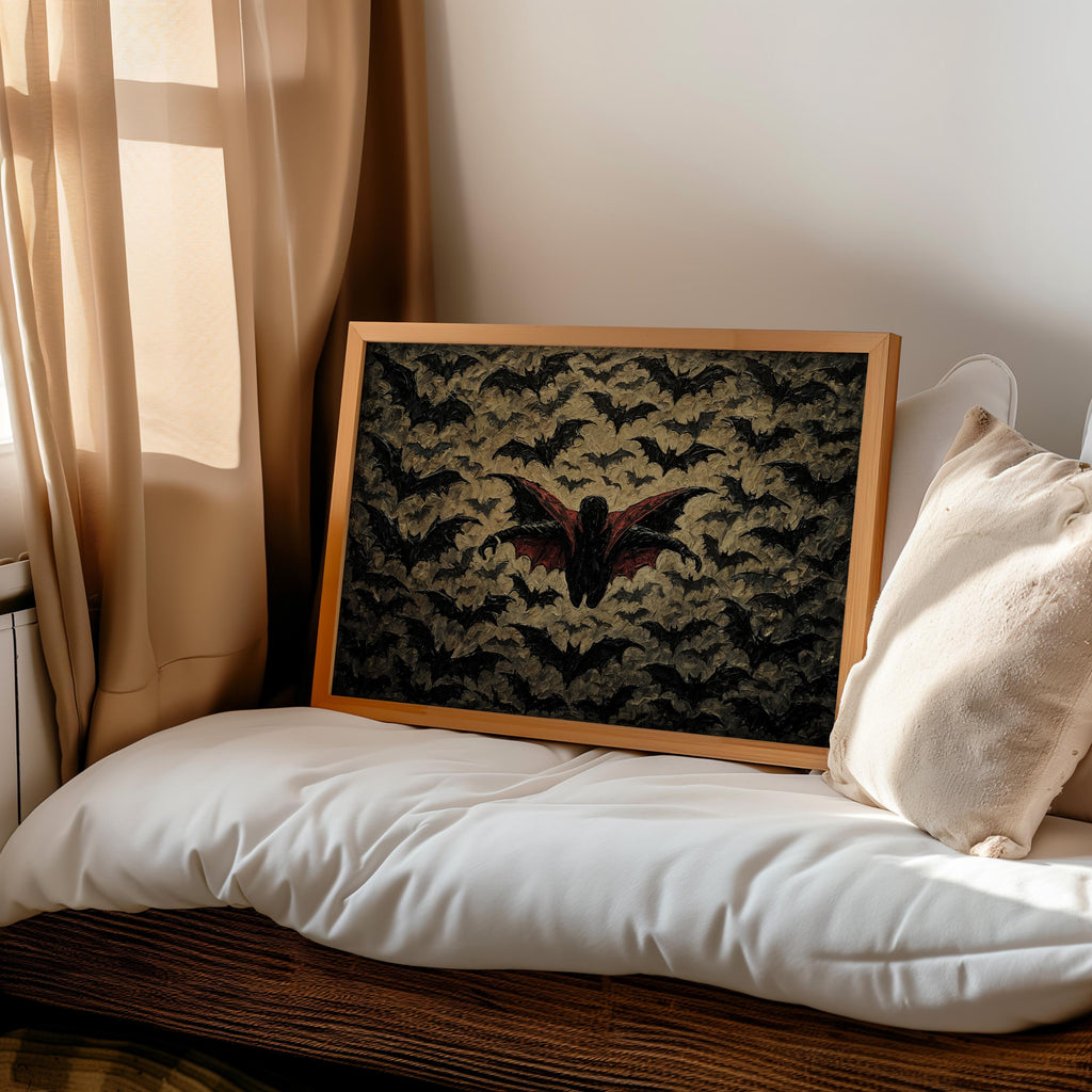 Gothic Vampire Halloween Print, Halloween Bat Poster, Impasto Textured Wall Decor, Dark Fantasy Dracula Art, Spooky Season Decoration