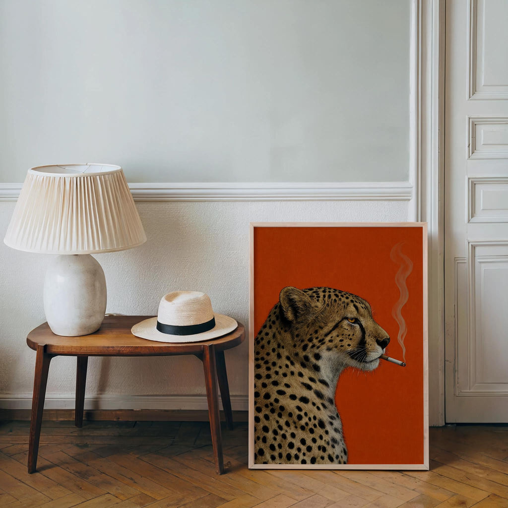 Cheetah Smoking Cigarette Print, Moody Leopard Poster, Vintage Big Cat Wall Art, Red Maximalist Decor, Cool Animal Bar Cart Gift