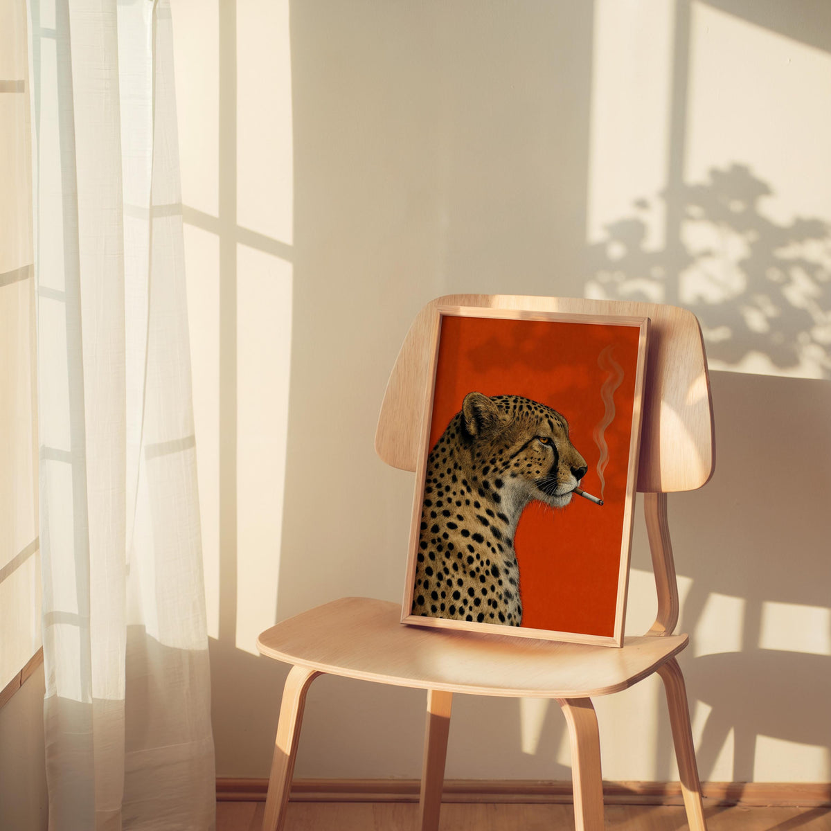 Cheetah Smoking Cigarette Print, Moody Leopard Poster, Vintage Big Cat Wall Art, Red Maximalist Decor, Cool Animal Bar Cart Gift