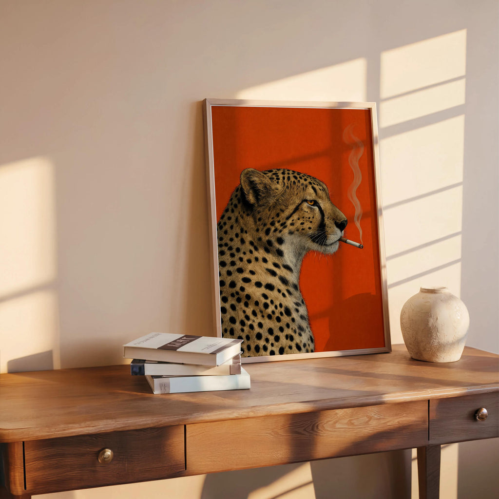 Cheetah Smoking Cigarette Print, Moody Leopard Poster, Vintage Big Cat Wall Art, Red Maximalist Decor, Cool Animal Bar Cart Gift
