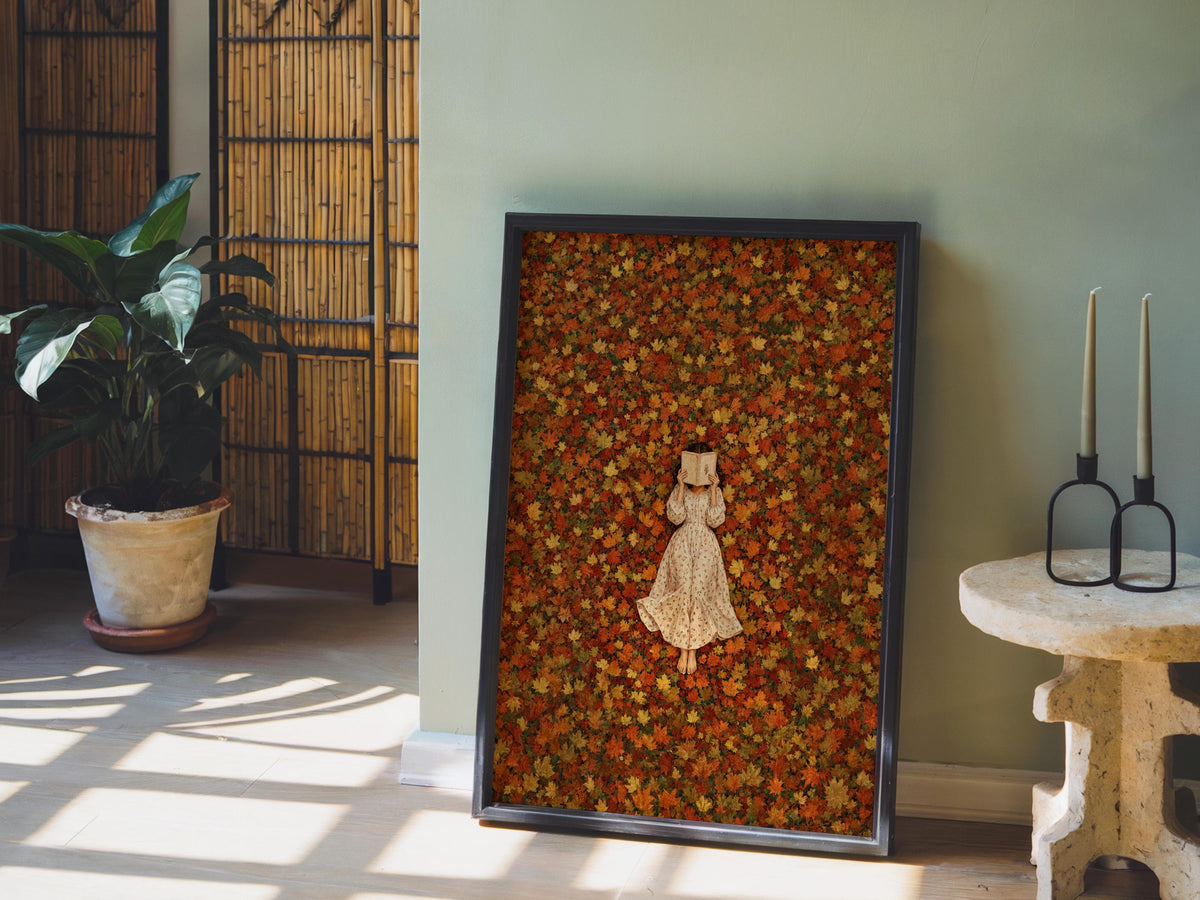 Autumn Woman Reading Print, Vintage Girl in Fall Leaves Wall Art, Cozy Cottage Decor, Romantic Bookish Literary Gift, Book Lover Poster