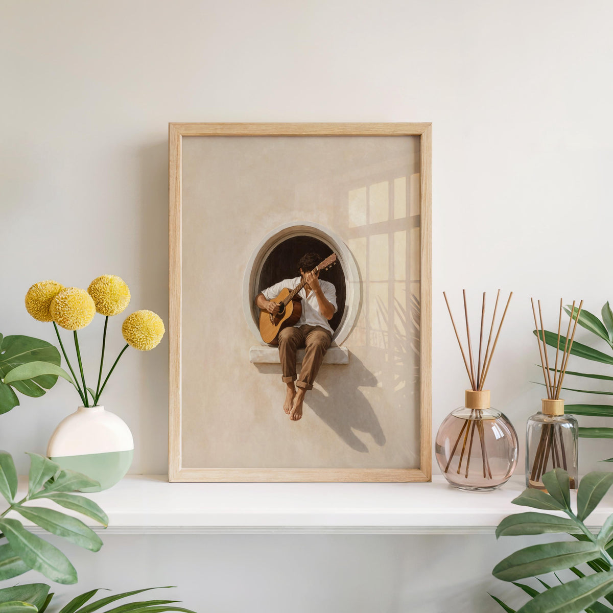 Guitar Player in Window Poster, Rustic Music Wall Art, Mediterranean Home Decor, Minimal Romantic Guitar Print, Musician Lover Gift