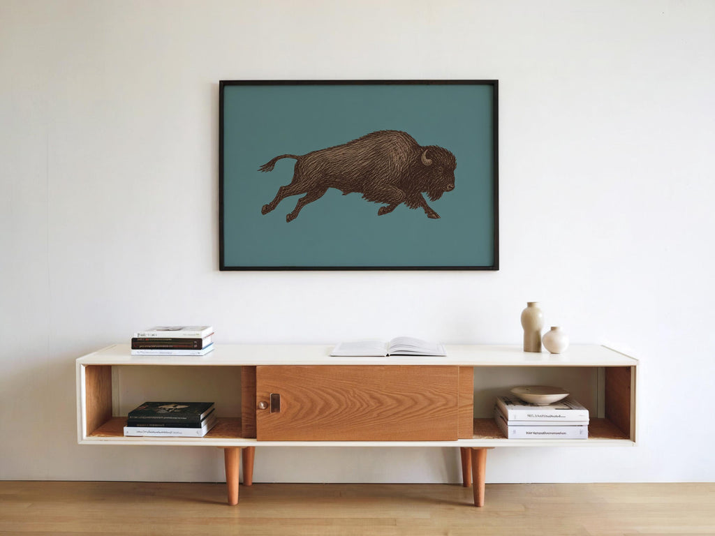 Bison Sketch Wall Art, Western Cowboy Print, Running Buffalo Illustration, Rustic Cabin Wildlife Decor, Americana Wildlife Poster