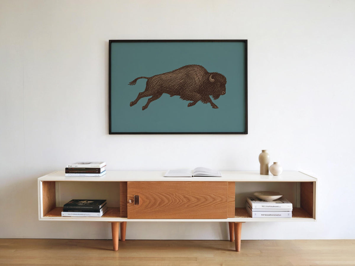 Bison Sketch Wall Art, Western Cowboy Print, Running Buffalo Illustration, Rustic Cabin Wildlife Decor, Americana Wildlife Poster