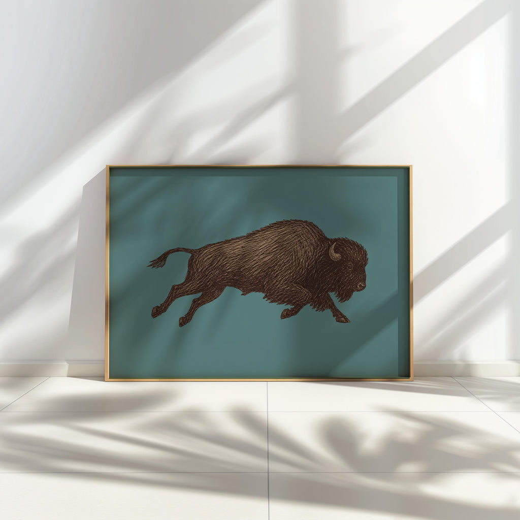Bison Sketch Wall Art, Western Cowboy Print, Running Buffalo Illustration, Rustic Cabin Wildlife Decor, Americana Wildlife Poster