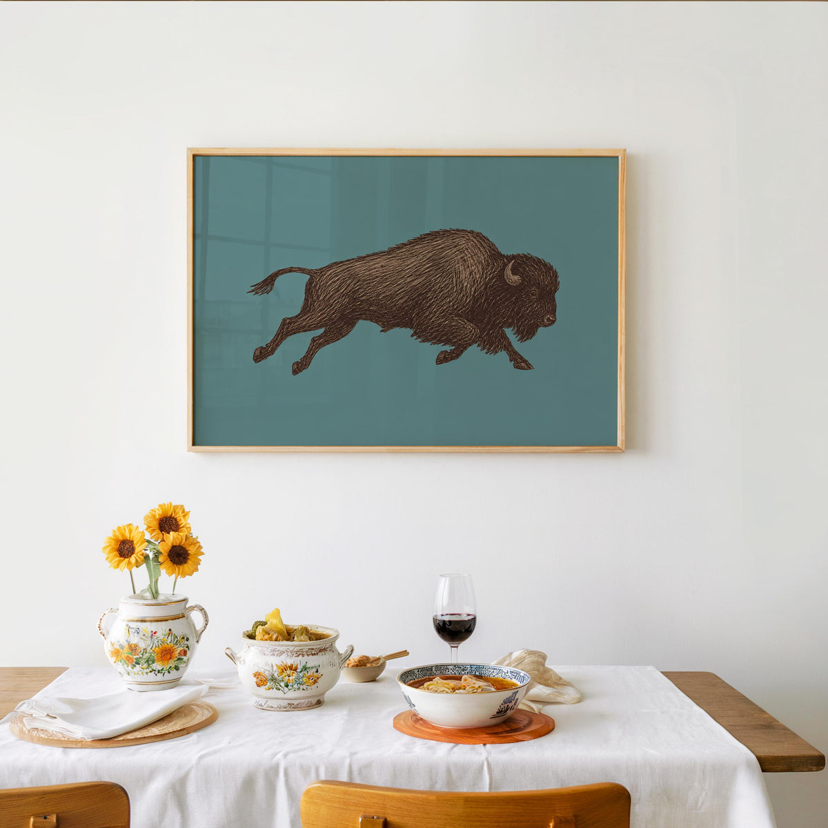 Bison Sketch Wall Art, Western Cowboy Print, Running Buffalo Illustration, Rustic Cabin Wildlife Decor, Americana Wildlife Poster