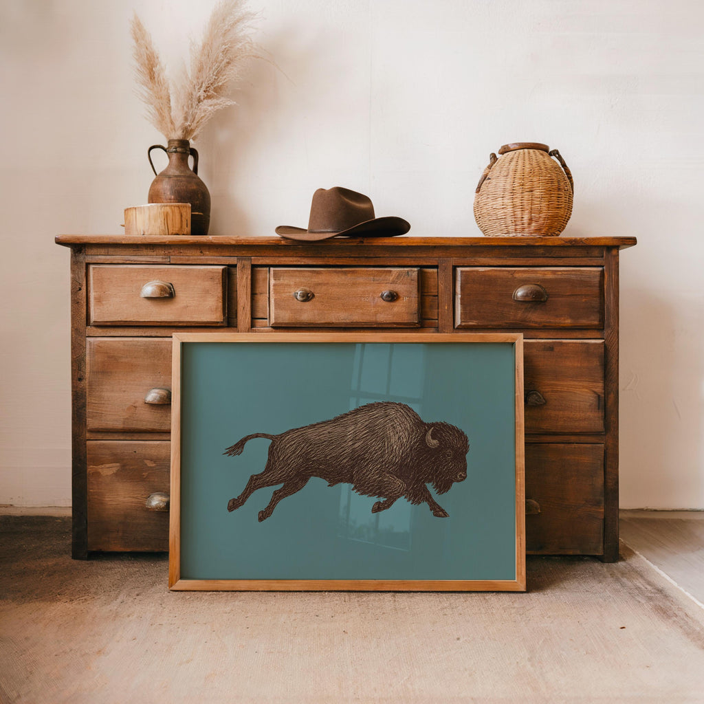 Bison Sketch Wall Art, Western Cowboy Print, Running Buffalo Illustration, Rustic Cabin Wildlife Decor, Americana Wildlife Poster
