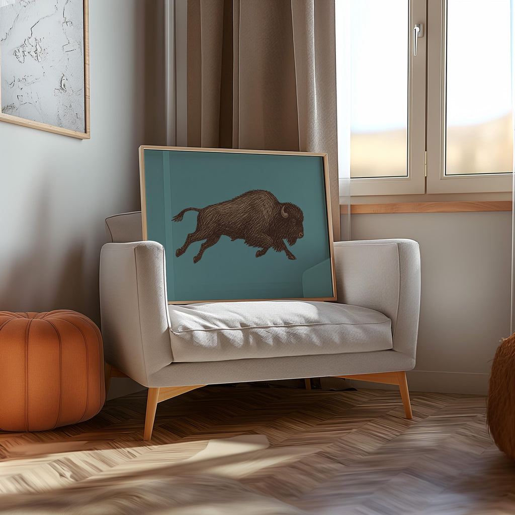 Bison Sketch Wall Art, Western Cowboy Print, Running Buffalo Illustration, Rustic Cabin Wildlife Decor, Americana Wildlife Poster