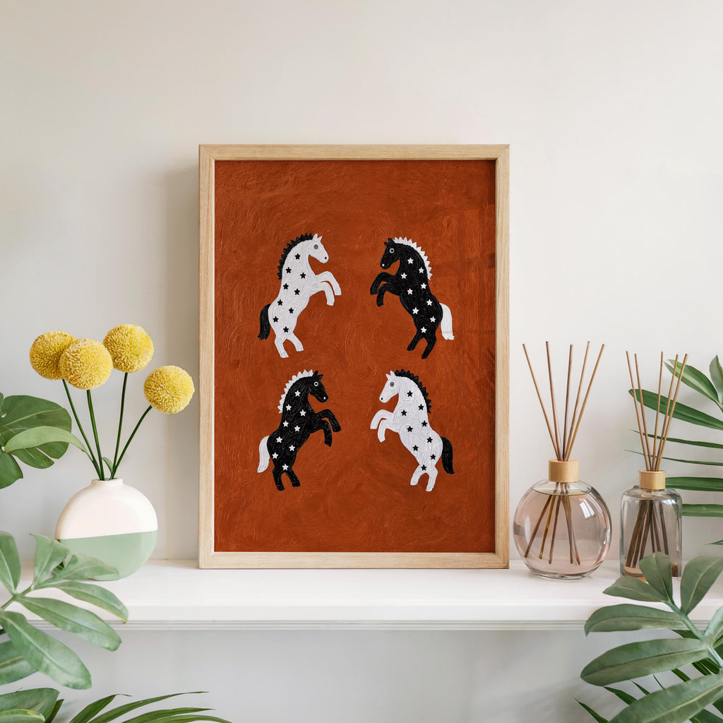 Abstract Starry Horses Rearing Print, Bold Western Folk Art, Rustic Ranch Style Decor, Minimal Textured Canvas, Cowgirl Poster