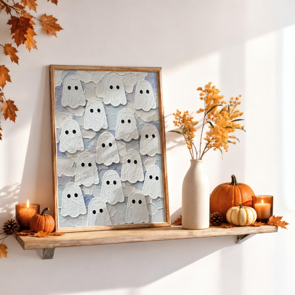 Ghost Congregation Wall Art, Pastel Folk Impasto Painting, Cute Goth Halloween Decor, Textured Spooky Season Print, Fall Autumn Poster