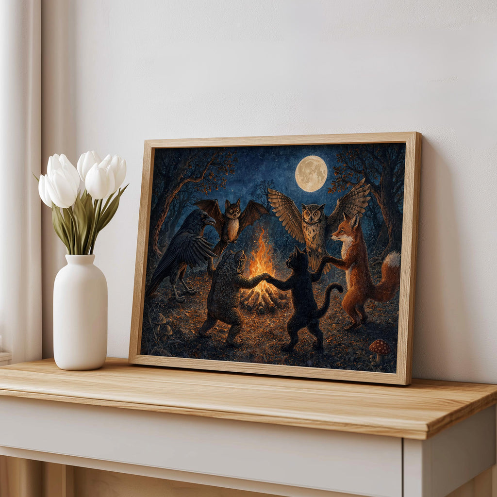 Woodland Animals Dancing Around Bonfire Wall Art, Witchy Forest Print, Folklore Moon Poster, Dark Cottagecore Decor, Enchanted Fantasy Art