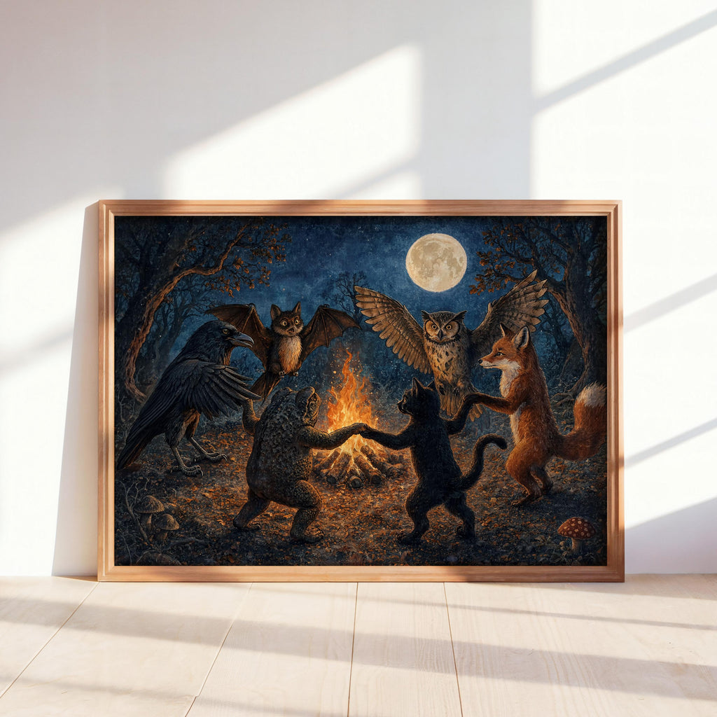 Woodland Animals Dancing Around Bonfire Wall Art, Witchy Forest Print, Folklore Moon Poster, Dark Cottagecore Decor, Enchanted Fantasy Art