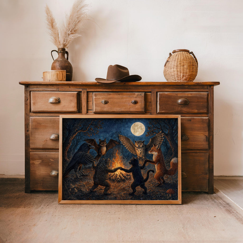 Woodland Animals Dancing Around Bonfire Wall Art, Witchy Forest Print, Folklore Moon Poster, Dark Cottagecore Decor, Enchanted Fantasy Art