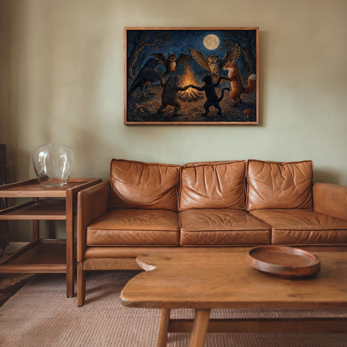 Woodland Animals Dancing Around Bonfire Wall Art, Witchy Forest Print, Folklore Moon Poster, Dark Cottagecore Decor, Enchanted Fantasy Art