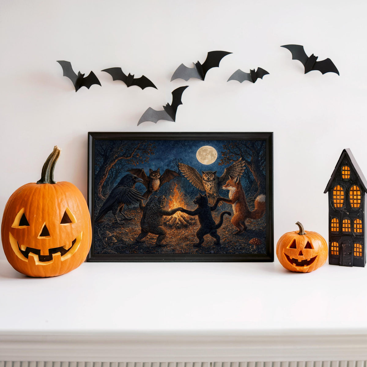 Woodland Animals Dancing Around Bonfire Wall Art, Witchy Forest Print, Folklore Moon Poster, Dark Cottagecore Decor, Enchanted Fantasy Art
