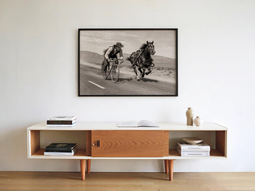 Cowboy VS Horse Bicycle Race Print, Surreal Western Wall Art, Vintage Desert Photo, Funny Equestrian & Cyclist Decor, Quirky Ranch Gift