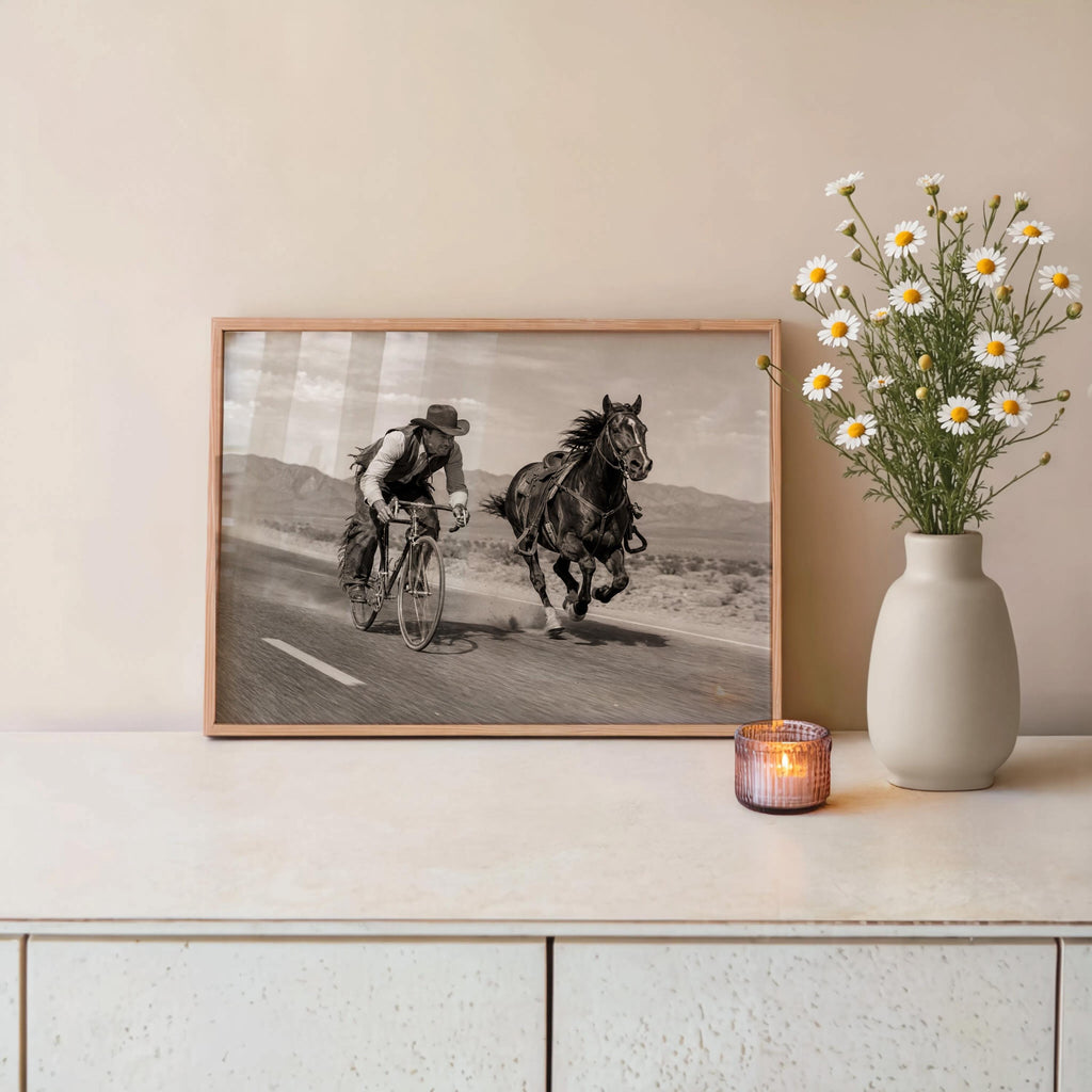 Cowboy VS Horse Bicycle Race Print, Surreal Western Wall Art, Vintage Desert Photo, Funny Equestrian & Cyclist Decor, Quirky Ranch Gift