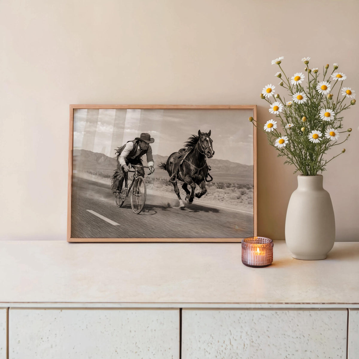 Cowboy VS Horse Bicycle Race Print, Surreal Western Wall Art, Vintage Desert Photo, Funny Equestrian & Cyclist Decor, Quirky Ranch Gift