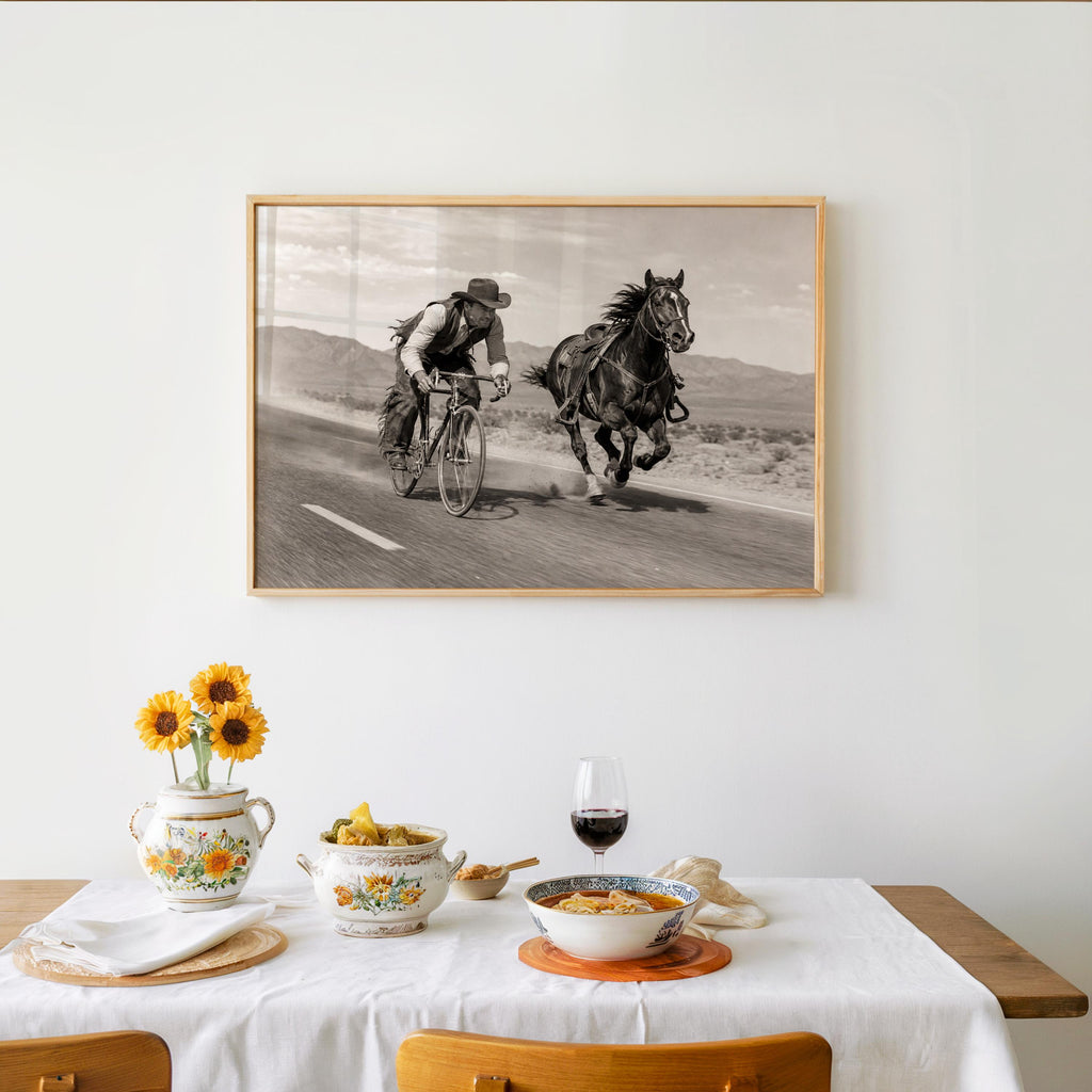 Cowboy VS Horse Bicycle Race Print, Surreal Western Wall Art, Vintage Desert Photo, Funny Equestrian & Cyclist Decor, Quirky Ranch Gift