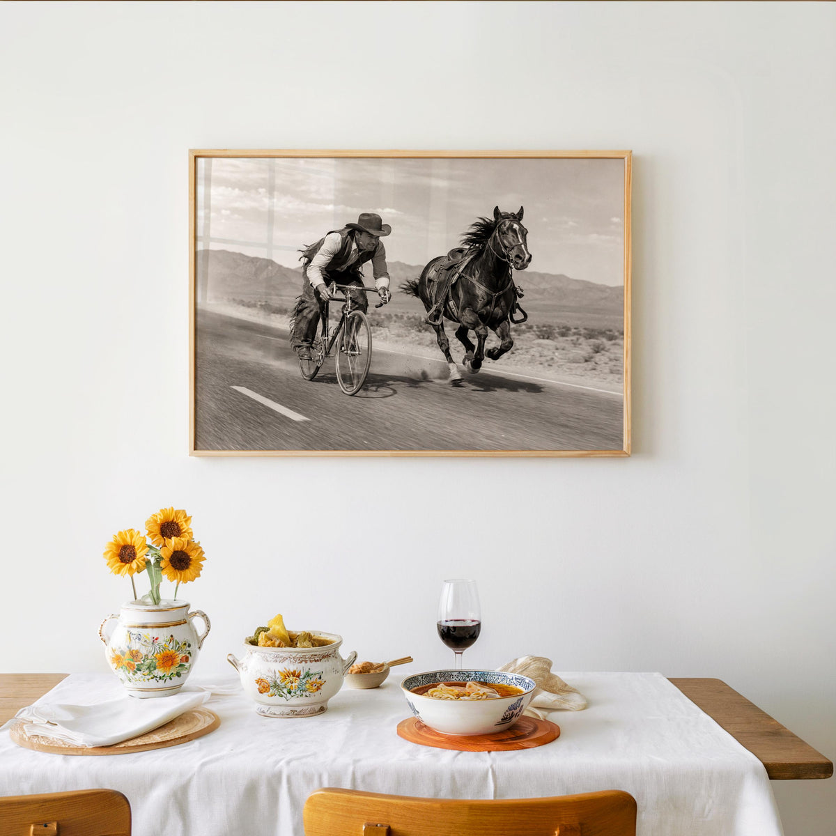 Cowboy VS Horse Bicycle Race Print, Surreal Western Wall Art, Vintage Desert Photo, Funny Equestrian & Cyclist Decor, Quirky Ranch Gift