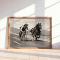 Cowboy VS Horse Bicycle Race Print, Surreal Western Wall Art, Vintage Desert Photo, Funny Equestrian & Cyclist Decor, Quirky Ranch Gift