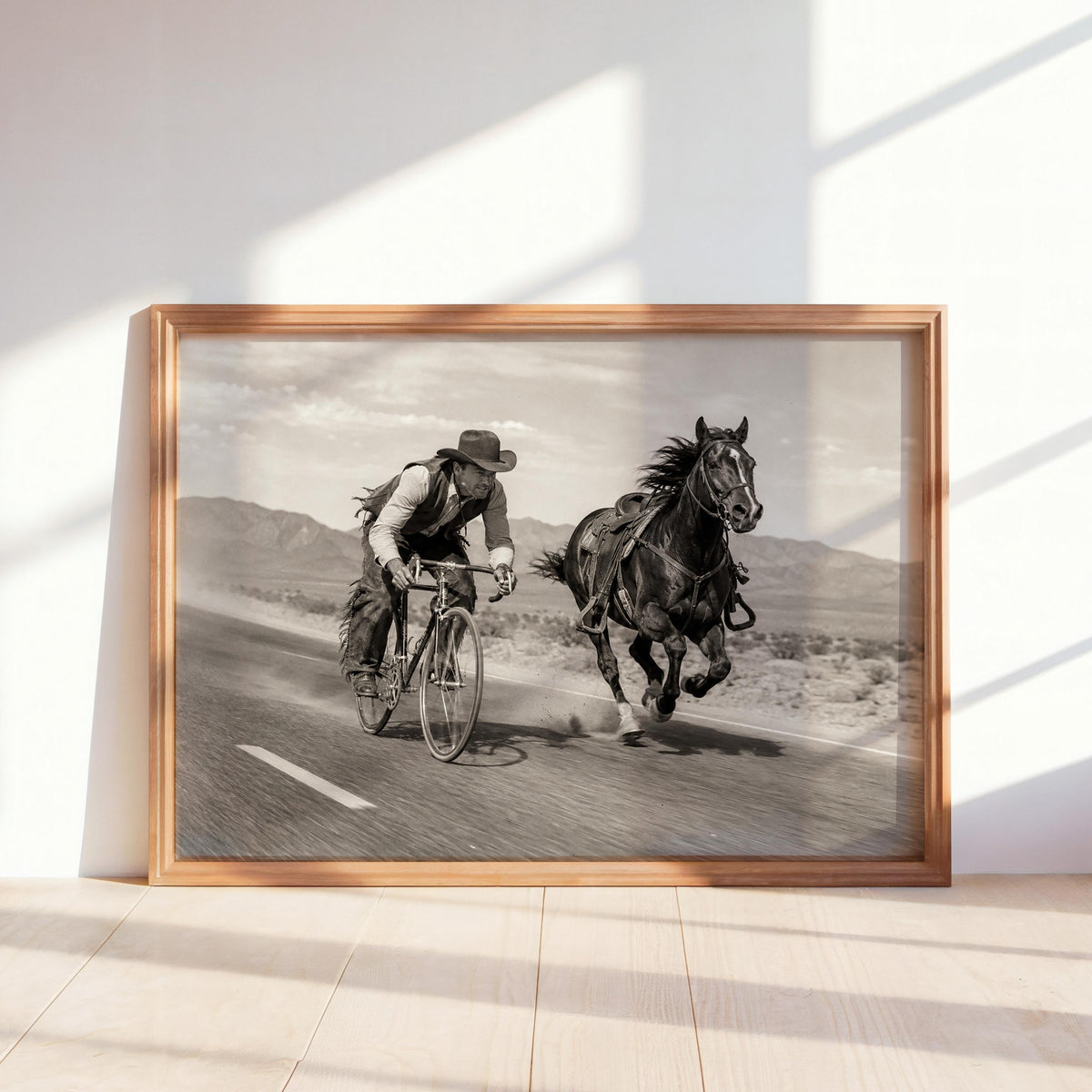 Cowboy VS Horse Bicycle Race Print, Surreal Western Wall Art, Vintage Desert Photo, Funny Equestrian & Cyclist Decor, Quirky Ranch Gift