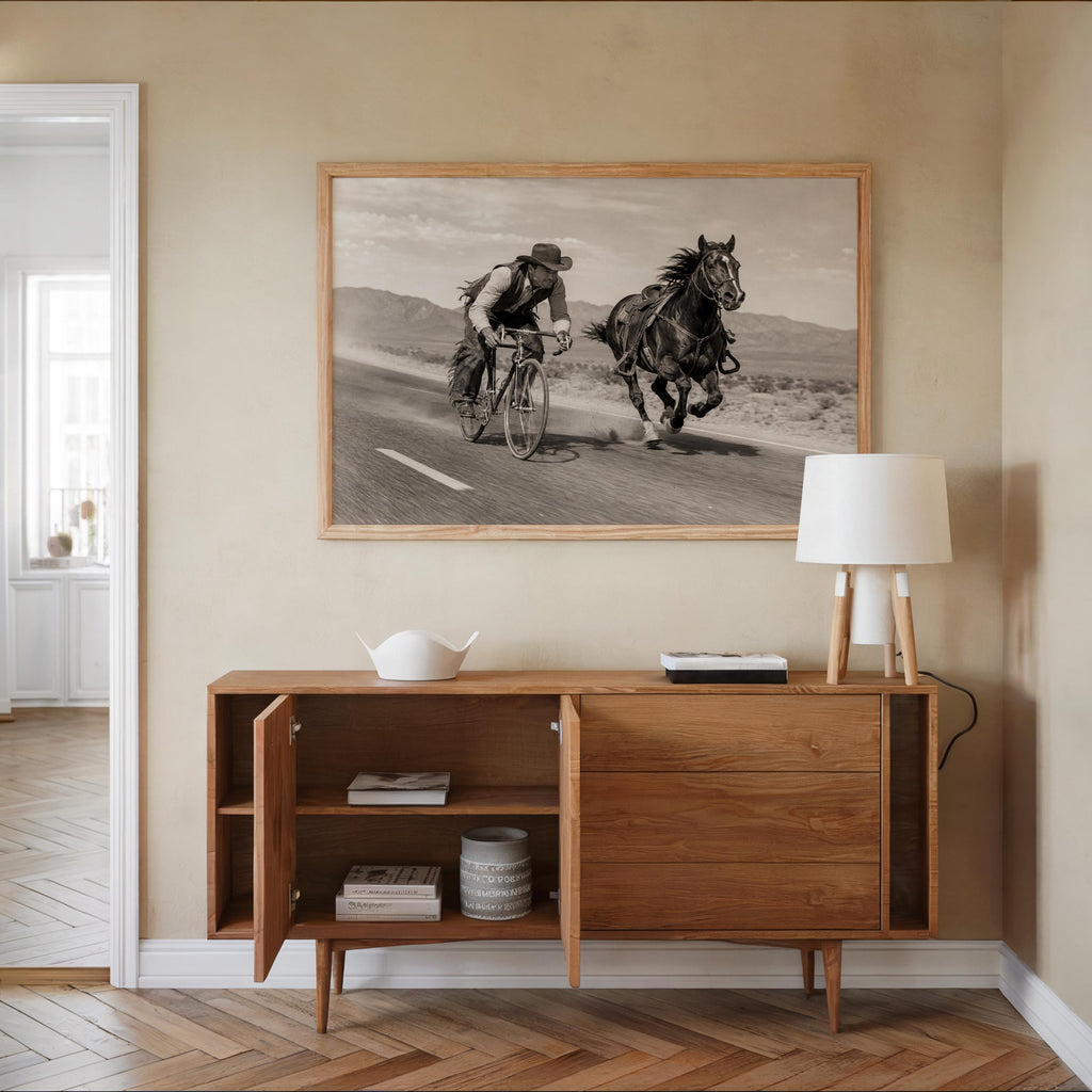 Cowboy VS Horse Bicycle Race Print, Surreal Western Wall Art, Vintage Desert Photo, Funny Equestrian & Cyclist Decor, Quirky Ranch Gift