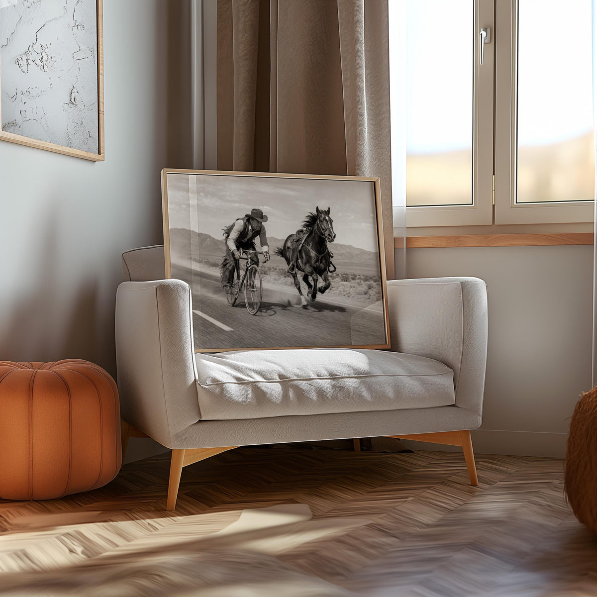 Cowboy VS Horse Bicycle Race Print, Surreal Western Wall Art, Vintage Desert Photo, Funny Equestrian & Cyclist Decor, Quirky Ranch Gift