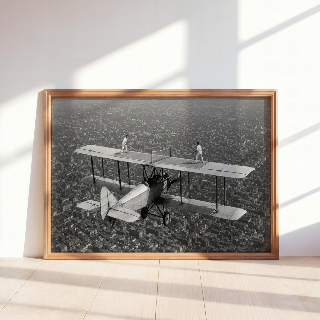 Vintage Airplane Print, Tennis Match On A Plane Photo, Quirky Retro Airline Wall Art, Surreal Sports Decor, Pilot Gift